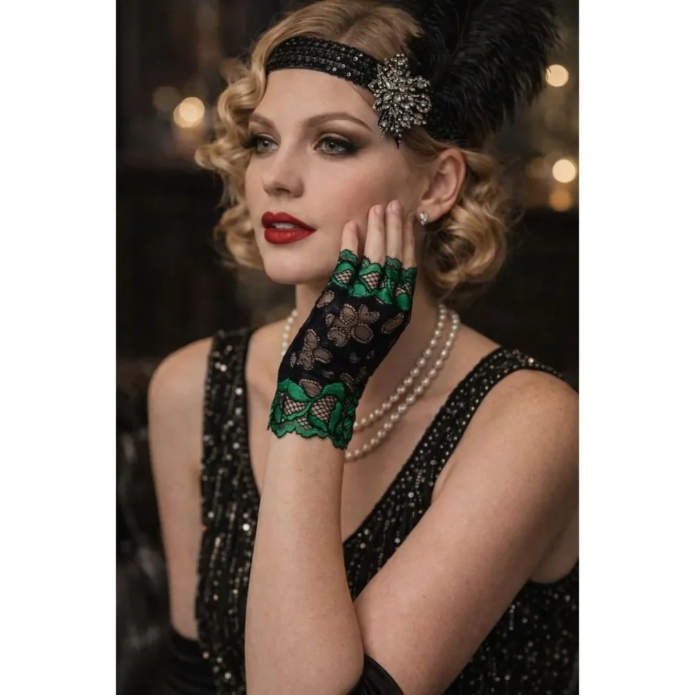 Green & Black Lace Half Finger Gloves | Breathable Elegant Pair - Picture 1 of 5